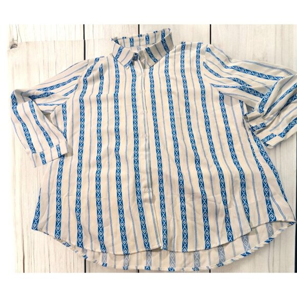 Striped Button-Up Shirt 3X Blue & White Geometric Print Long Sleeve Polyester - Picture 1 of 9